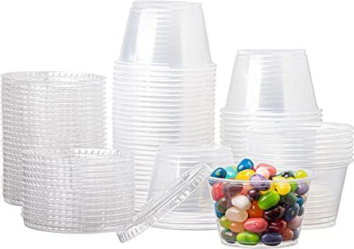 ESKAY PRODUCTS Plastic Portion Cups with Lids, Condiment Cup, Jello Shot, Souffle Portion, Sampling Cup 100 Cups/Lids (Clear, 4oz 100 Cups/Lids)