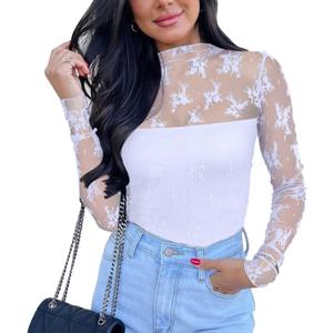 PINKMSTYLE Women's Long Sleeve Lace Bodysuit High Neck Sexy Tops for Going Out, Concert, Date Night Outfits (White, XL)