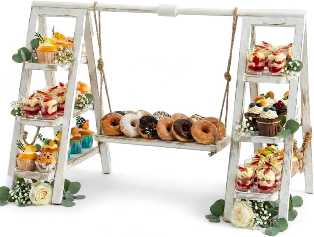 Wooden 3 Tier Swing Cupcake Stand with Serving Platter 20x30 Foldable Ladder Stand Dessert Display Cake Snack Fruit Bread Centerpieces for Party, Birthday, Wedding, Baby Shower(Rustic White)