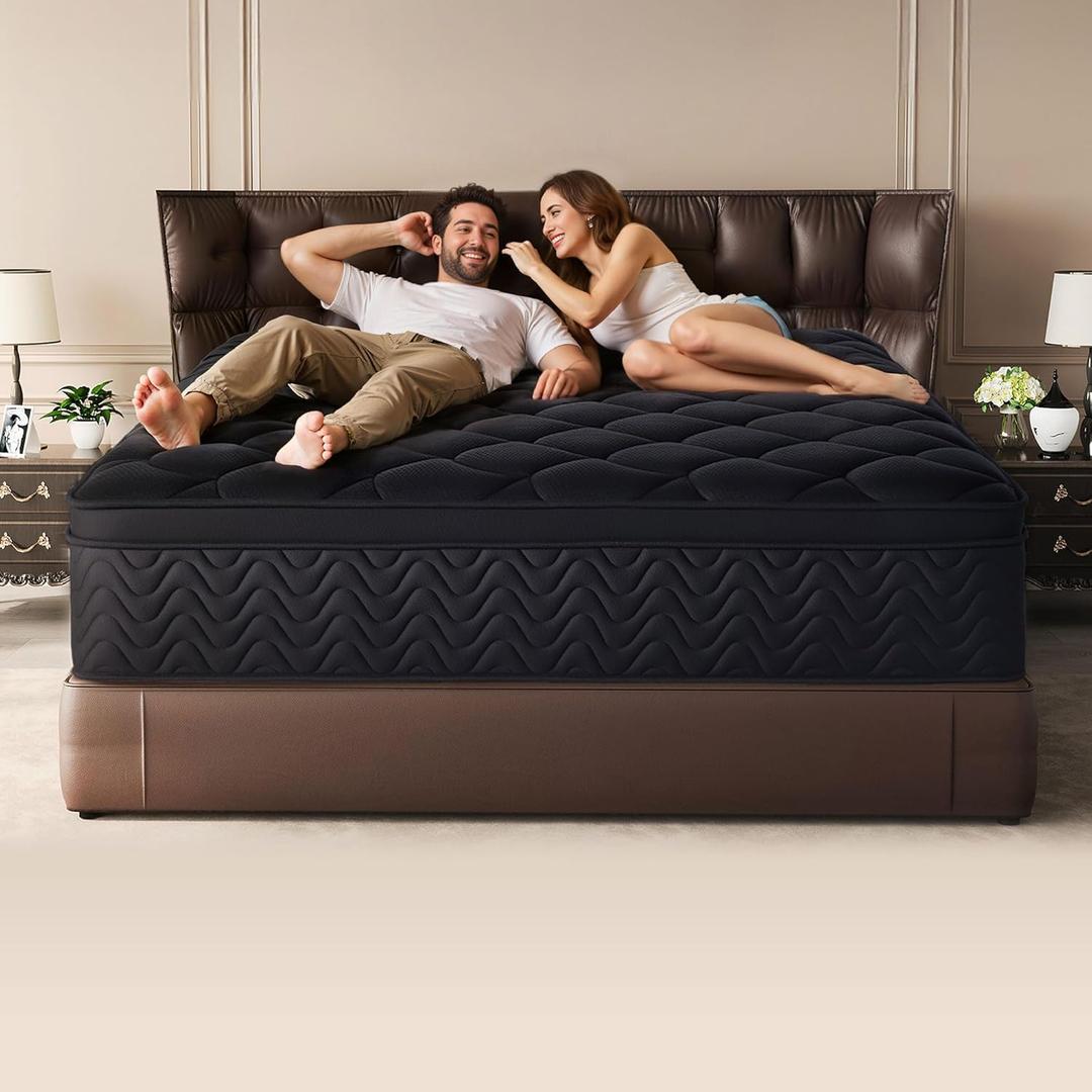12 Inch Full Size Mattress 54Wx75L, Black Individual Pocket Spring Innerspring Mattress with Motion Isolation & Pressure Relief, Mattress in a Box