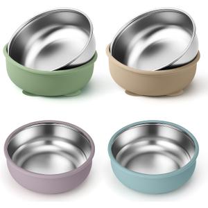 BUSOHA 4 Pack Stainless Steel Baby Bowls with Suction  2-in-1 Toddler Feeding Plates Heat-Resistant Spill-Proof Suction Bowls for Kids Baby Toddler Food Feeding (Green+Blue+Sandy Beige+Purple)