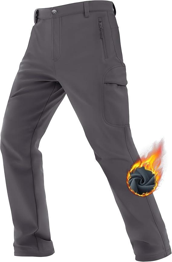 TACVASEN Men's Winter Hiking Pants Fleece Lined Cargo Tactical Work Softshell Snow Ski Waterproof Pants with Pockets, Size 34, Gray