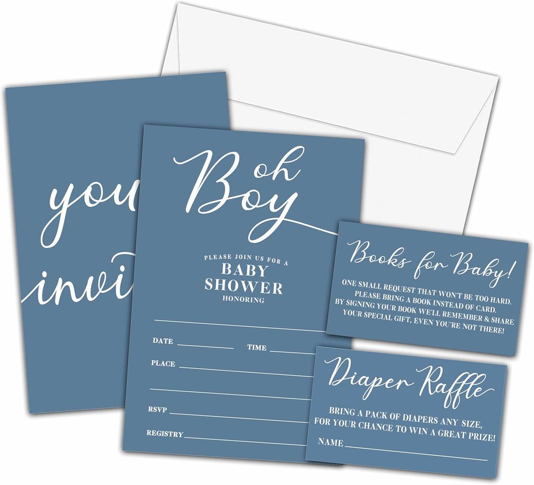 Boy Baby Shower Invitations Set, Modern Minimalist Invitations with Envelopes, Dusty Blue Diaper Raffle Tickets and Book Request Cards, Oh Boy Gender Reveal Party Supplies Decorations -11