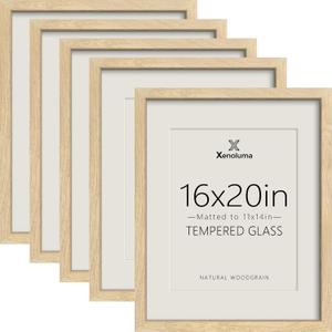 16x20 Frames with Glass 5 Pack - Natural wood Poster Frame | Display11x14 with Mat or 16x20 Without,Horizontal & Vertical Wall, Shatterproof plexiglass,family photos, gifts or artwork