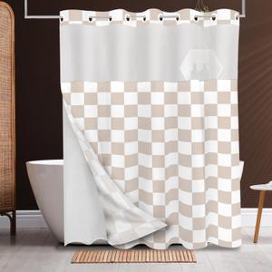 Tititex No Hooks Snap in Liner White Cream Checkerboard Shower Curtain Sets, Hotel Luxury Grid Double Layers Waterproof Fabric & See-Through Top Window Bathroom Decorative 72x72 Inch