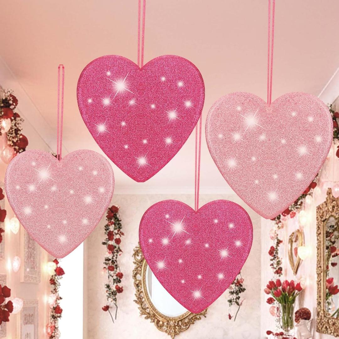 Jenaai 4 Pcs 11 Inch Valentines Large Heart Ornament Pink Glitter Hanging Hearts Decorations for Valentine's Day Tree Home Ceiling Wedding Birthday Party Decorations