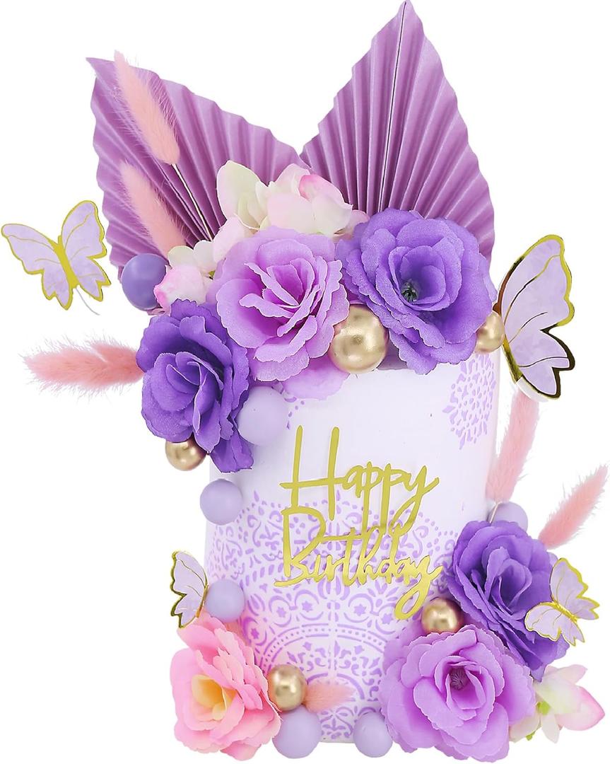 32 PCS Boho Cake Topper Flower Cake Toppers Palm Leaves Butterfly Balls Butterfly Cake Topper Purple Cake Decorations Baby Shower Fall Wedding Birthday Party Supplies (Purple)