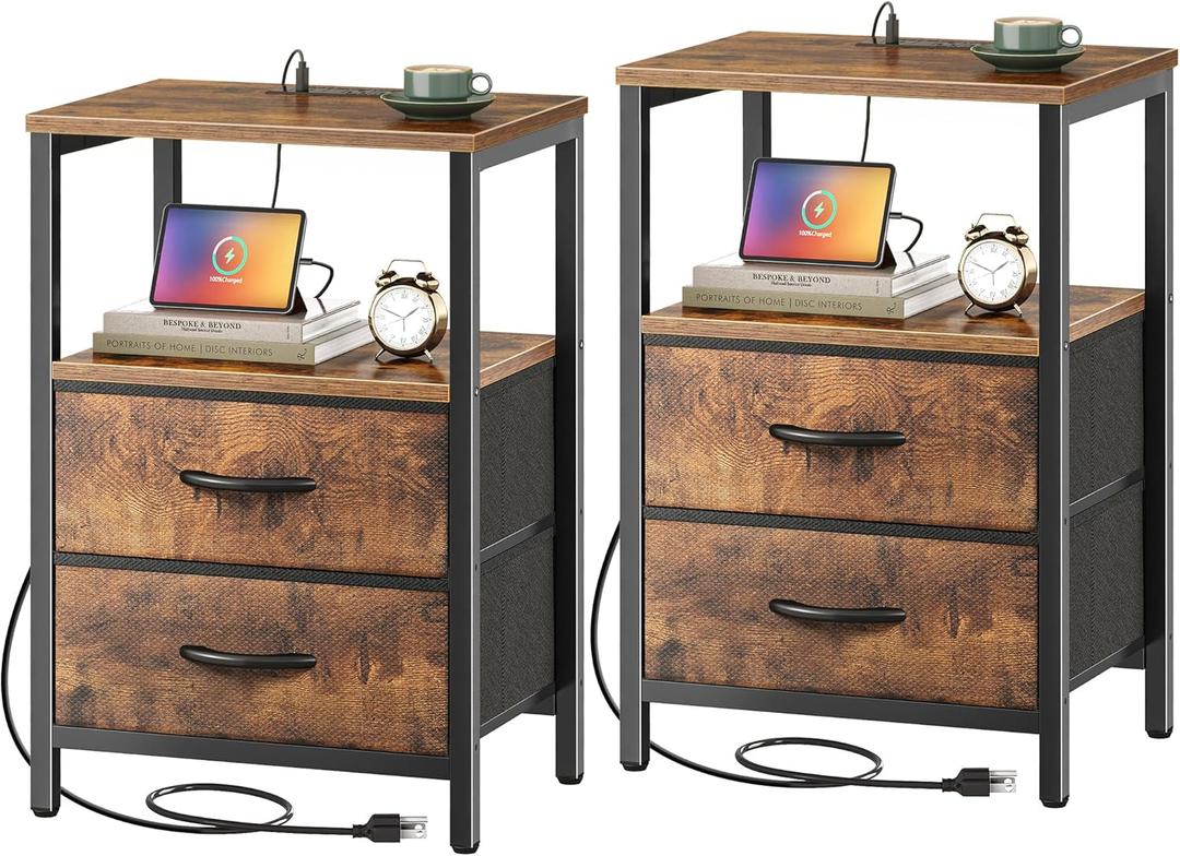Huuger Nightstands Set of 2, End Tables with Charging Station, Fabric Drawers, Bedside Tables with USB Ports and Outlets, Night Stands for Bedroom, Rustic Brown