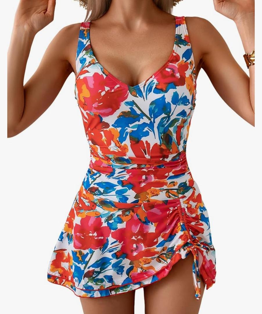 One Piece Swim Dress Swimsuits for Women Tummy Control Swimdress Skirt V Neck Bathing Suit (Large)