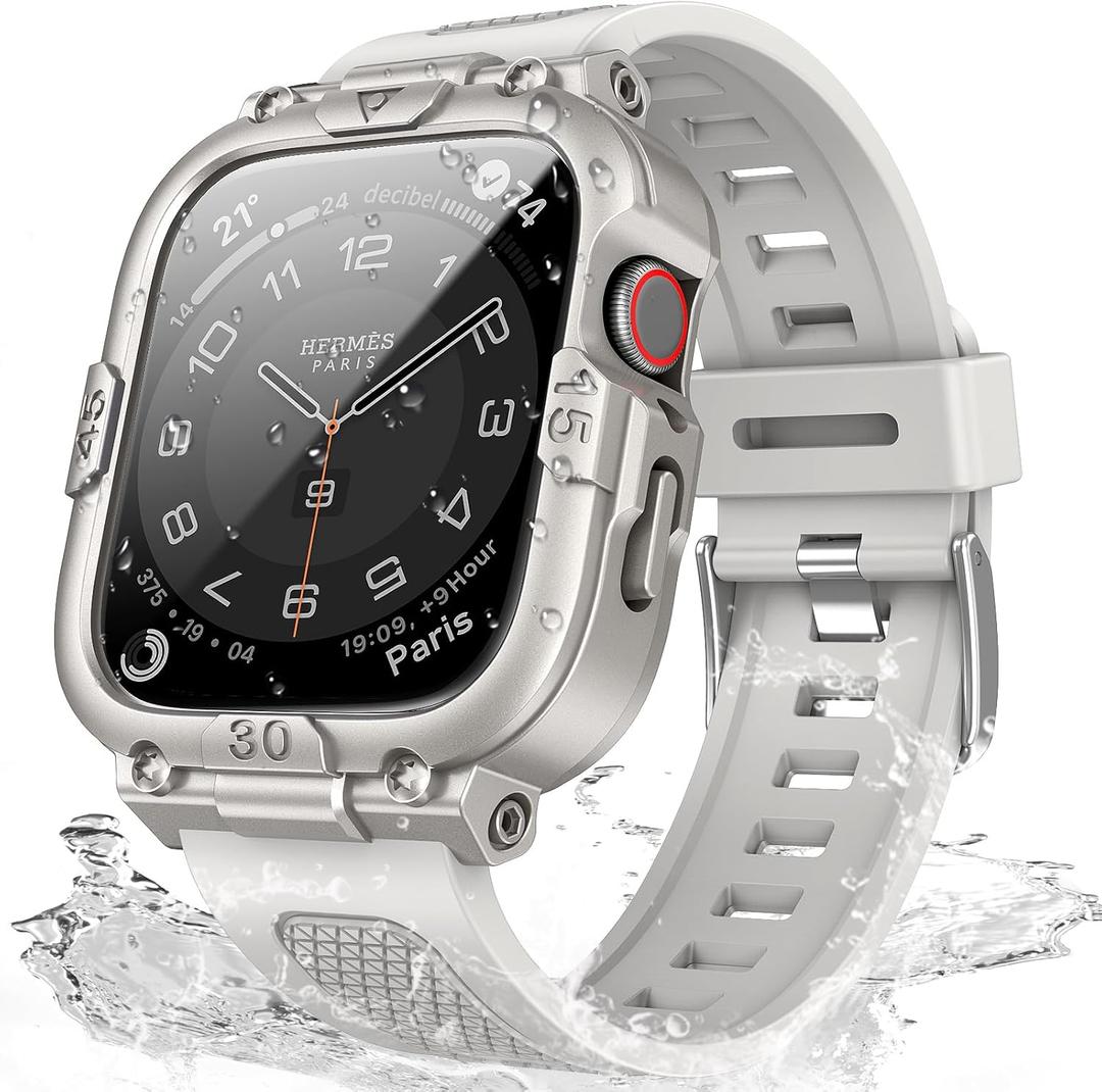Mosonio Sport Rugged Case with Splash-Resistant Light TPU Band for Apple Watch Band 46mm 45mm 44mm 42mm 41mm 40mm for Men, 360 Protective Cover, Built-in Screen Protector Compatible for iwatch Series 11 10 9 8 7 6 5 4 SE