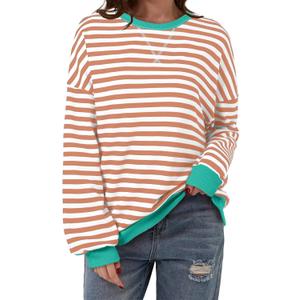 AlvaQ Womens Oversized Sweatshirt 2024 Casual Crewneck Long Sleeve Colorblock Striped Pullover Tunic Tops Outfits (Blue, L)
