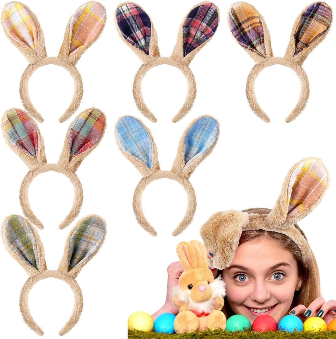 6 Pcs Easter Bunny Ears Headbands Rabbit Ear Headband Plaid Bunny Headband Hair Accessories One Size for Women Adult Easter Party Decoration Brown