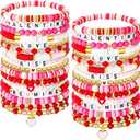 Sasylvia 32 Pcs Valentines Day Bracelets Pink Heishi Polymer Clay Beaded Bracelets Preppy Beach Stretch Bracelet Elastic String Summer Surfer Stackable Charm for Women Party