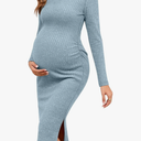 Ficerd Women's Ribbed Knit Maternity Dresses Long Sleeve Pregnancy Bodycon Dress 2025 Split Stretchy Clothes for Baby Shower S