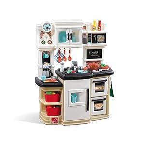 Step2 Great Gourmet Kids Kitchen Playset, Indoor/ Outdoor Kitchenette, Interactive Play with Lights and Sounds, Made of Durable Plastic, Includes 33 Piece Toy Accessories, Toddlers 3+ Years Old, Tan