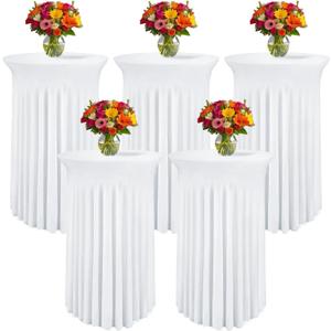 Pack of 5 Round Spandex Cocktail Tablecloths with Skirt - Stretch Table Covers for High Top Bar, Wedding, Party, Banquet (White, 32 x 43 Inch)