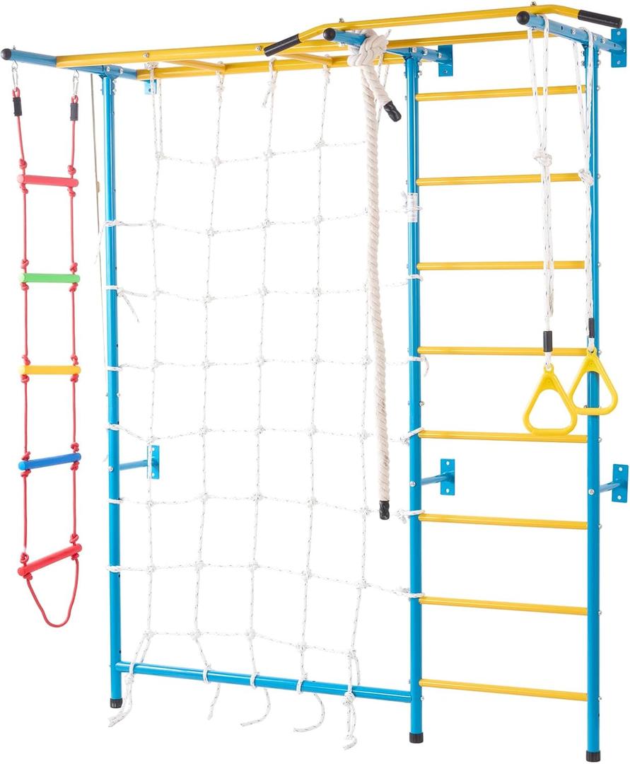 VEVOR Indoor Jungle Gym for Toddlers, 7-in-1 Climbing Playset with Carbon Steel Swedish Ladder, Wall Ladder, Pull-Up Bar, Rope Ladder, and Gymnastic Rings, Supports 220 lbs, Multicolor