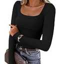 ZESICA Women's Long Sleeve Shirts 2026 Spring Fashion Square Neck Slim Fit Basic Going Out Tops Trendy Outfits (Black, M)