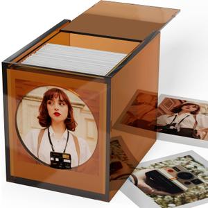 WINKINE Acrylic Polaroid Frame & Photo Storage Box for i-Type/600/SX-70/Instax Square Film, 4.2''x3.5'' Film Frame, Vintage Box with Sliding Lid, Amber, 1 Pack