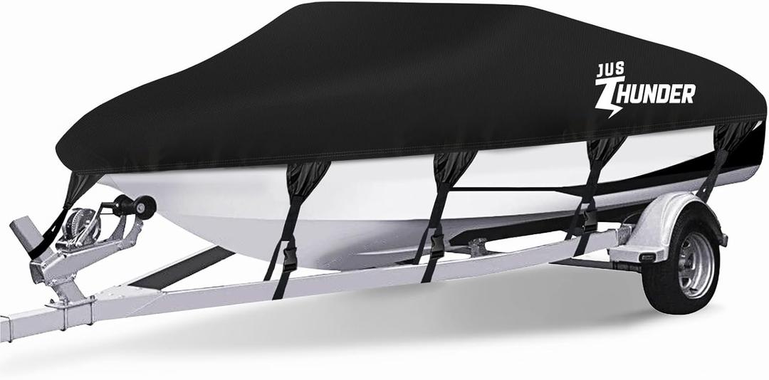 Boat Cover 17-19 ft Waterproof Trailerable Boat Covers Marine Grade Polyester Canvas Boat Cover Fits Bass, V-Hull and Tri-Hull, Fish & Ski, Runabout Bowrider 17' 18' 19' Foot Boat Black (A: 17'-19' Long, Beam width up to 102")