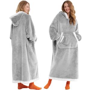 Giggling Getup Wearable Blanket Hoodie for Women Men Gifts for Women Mom Sherpa Fleece Long Hooded Blanket Sweatshirt Cozy Sherpa Wearable Throw with Pocket & Sleeves for Adult Oversize Grey