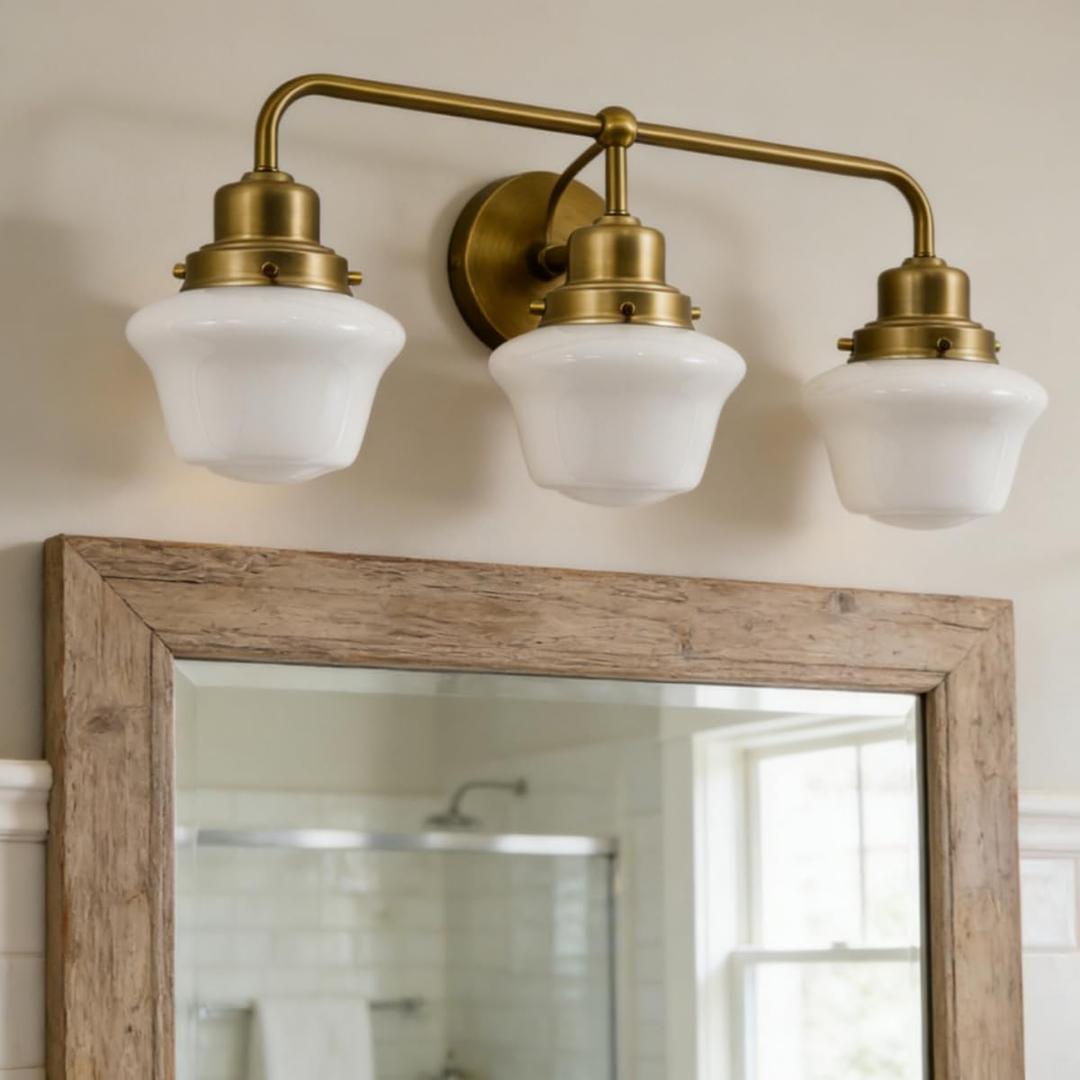ANDY STAR Gold Bathroom Light Fixtures, 3-Light Milk Glass Vanity Light, Farmhouse Bathroom Light with Fully Enclosed Glare-Free Shades, Vintage Brass Wall Sconces for Bathroom Vanity, Up or Down