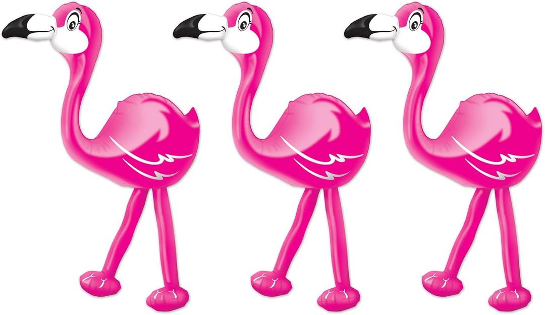 Beistle 24" 3 Piece Inflatable Flamingoes For Luau Party Decorations, Hawaiian Theme Tropical Dcor, Pink/White/Black