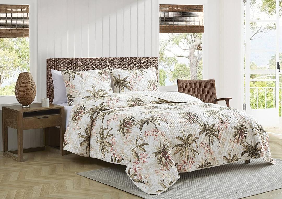 Tommy Bahama - Quilt Set, Reversible Cotton Bedding with Matching Shams, Lightweight Home Decor for All Seasons (Bonny Cove Ivory, King), Green/Orange/Beige
