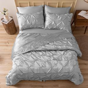 MR&HM Satin Comforter Queen 7 Pieces - Luxurious Pinch Pleat Bedding Set with Comforter, Flat Sheet, Fitted Sheet, Pillowcases & Shams, Super Silky Soft Bed Set for All Season (Queen, Silver Grey)