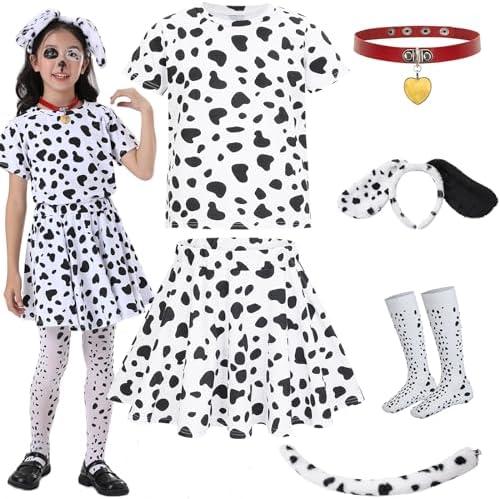 Z-Shop Halloween Dalmatian Costumes Kids, Girls Shirt Tutu Outfit Ears Headband Socks Accessories for 101st Day Of School 6Y