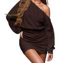 MakeMeChic Women's Off The Shoulder Dress Ruched Long Sleeve Party Bodycon Mini Dresses Coffee Brown Small (Brown, S)