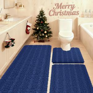 Striped Denim Blue Bathroom Rug Set 3 Pieces Ultra Soft, Non Slip Chenille Bath Carpet, Absorbent Plush Shaggy Bath Mats for Bathroom, Toilet, Bedroom, Kitchen (20"x32"+17"x24"+U Shape 20"x24")