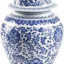 Blue and White Ginger Jar, Ceramic Chinoiserie Decorative Jars for Home, Office, Flower Vase Pocelain, Glossy Vase for Table, Living Room, Bookshelf, Mantle Fireplace, Centerpieces, 15" H