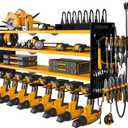 NattyDot Power Tool Organizer Wall Mount with Charging Station, 8 Drill Holder, 4 Layer Storage Rack for Garage Organization, Tool Holder with 8 Outlet Power Strip (Yellow)