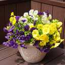 Artificial Flowers for Outdoors, UV Resistant Fake Silk Morning Glory, Realistic Faux Plants for Outside Porch Patio Window Box Hanging Planter (12, Purple White Yellow)