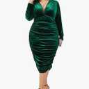WDIRARA Women's Plus Size Ruched Deep V Neck Midi Dress Long Sleeve Velvet Bodycon Dresses Green L Plus