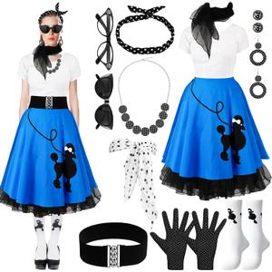 Shinymoon 13 Pcs Women 50s Costume Accessories Set Women's Retro Poodle Dress for Women Poodle Skirt 1950s Hop Outfit (X-Large)