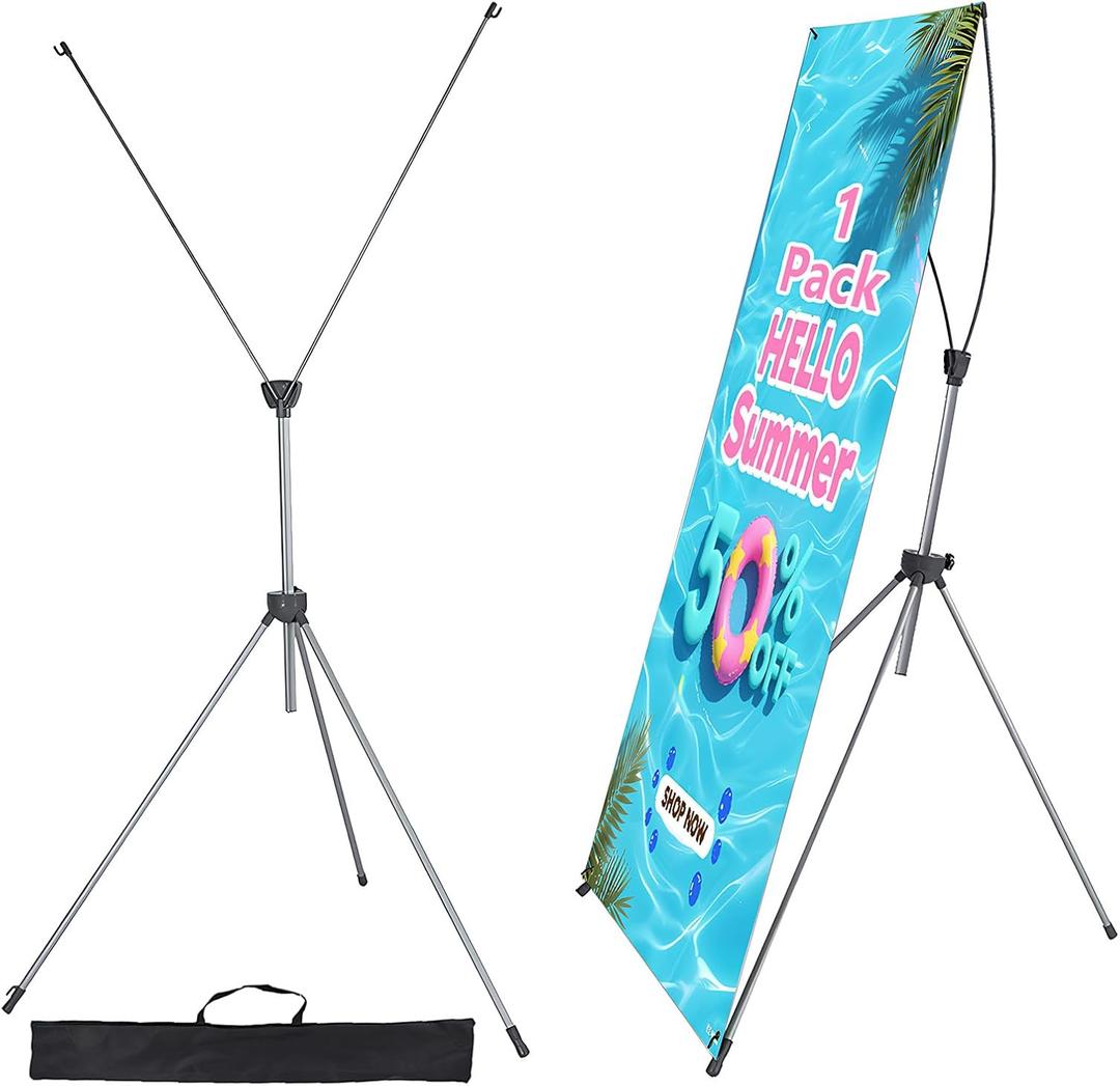 Adjustable Tripod X Banner Stand,23 x 63 to 32 x 78 Inch X Frame Banner Stand with Portable Retractable Carrying Bag for Trade Show Exhibition Marke (One Size, Silver)