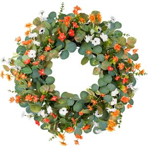 DDHS Summer Wreaths for Front Door,24 Inch Large Eucalyptus Wreath with Boxwood Leaves Three Colors of Chrysanthemums All Year Round Wreath for Indoor Outdoor Porch Farmhouse Decoration