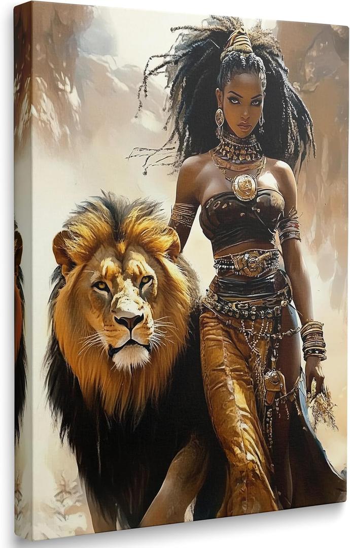 Modern African American Woman Lion of Judah Black Girl Wall Art Canvas Framed Contemporary Portrait Gold Animal Pictures Wall Decor Prints Poster Artwork for Living Room Bedroom Bathroom (12"x16")