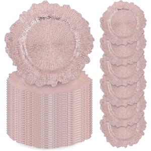 24 Pcs Rose Gold Charger Plates Bulk, 13" Reef Plate Chargers for Dinner, Plastic Floral Decorative Plates for Table Setting, Wedding, Party, Event, Decoration