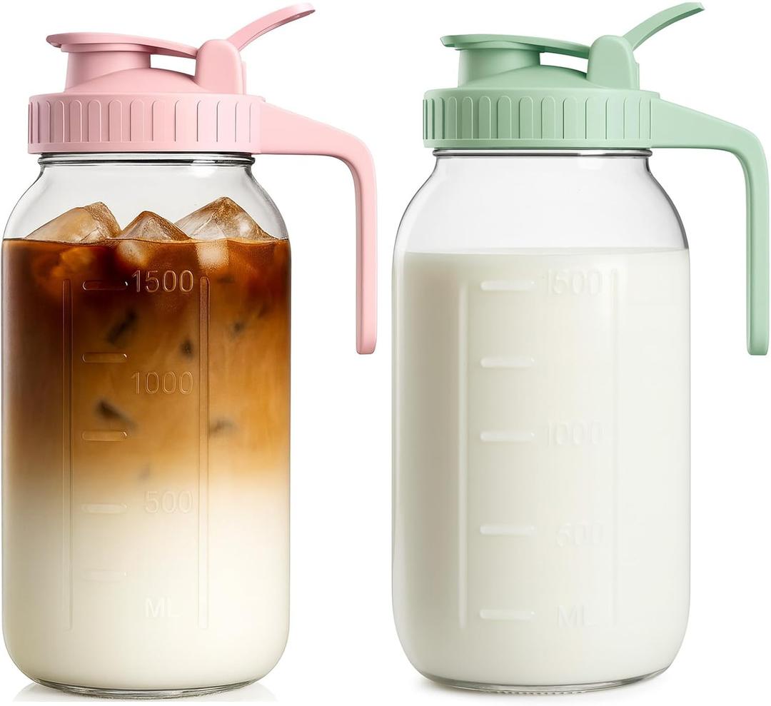 2 Pack - 64oz Glass Breast Milk Pitcher with Lid & Spout, Leakproof Mason Jar Breastmilk Pitcher - Wide Mouth, Airtight 2 Quart Water Jug for Milk Storage, Breastmilk, Sun Tea, Iced Coffee, Juice (Green & Pink)