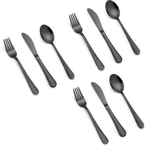 LIANYU 9-Piece Kids Black Silverware Set, Stainless Steel Toddler Utensils, Hammered Metal Flatware Cutlery Set Preschooler, Children Tableware Includes Knives Forks Spoons, Dishwasher Safe