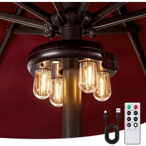 Patio Umbrella Light with Remote Control, Rechargeable Cordless LED Edison Bulbs Pole Light with 10 Brightness Levels for Garden, Patio, Backyard, Camping or BBQ - Brown (Pack of 1)