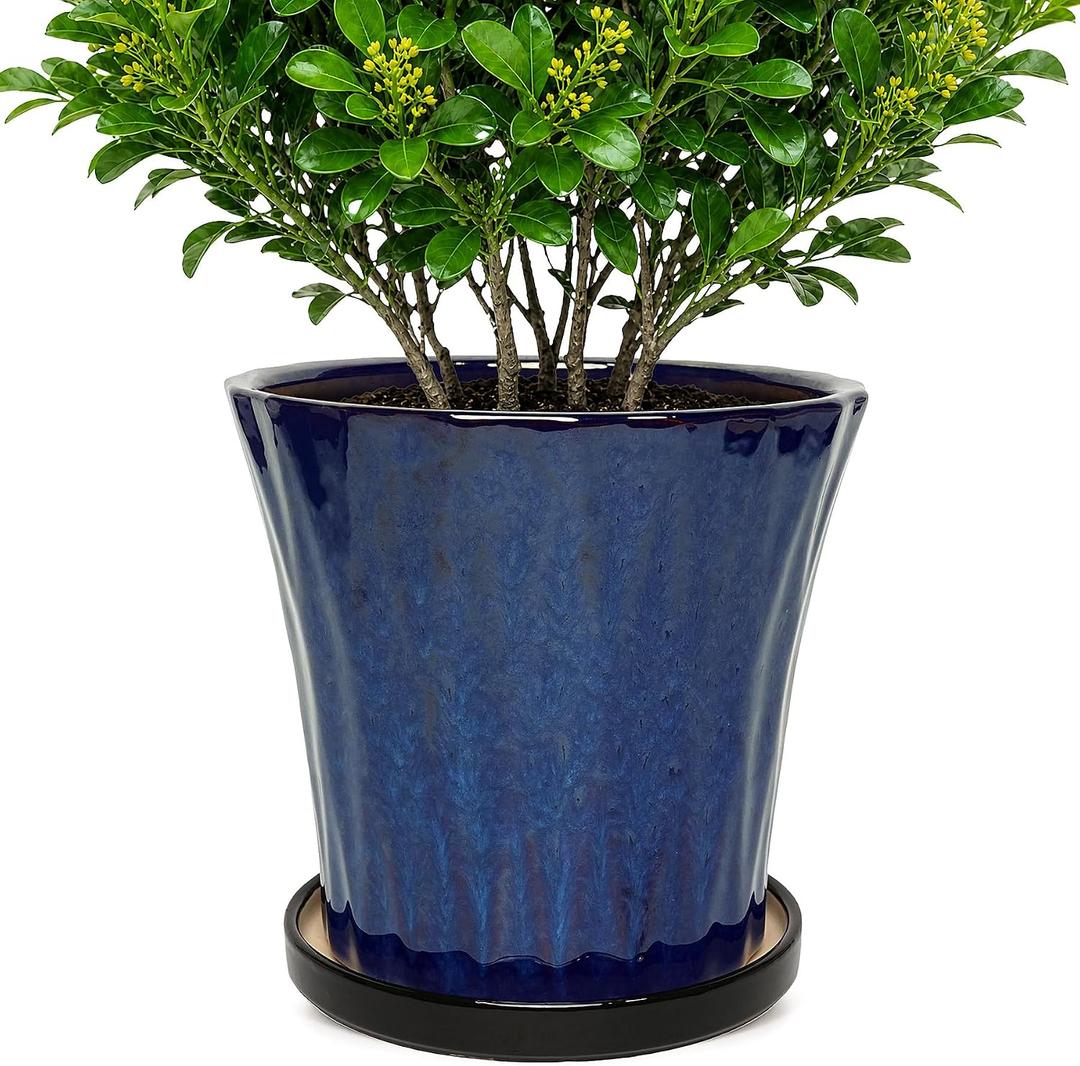 10 Inch Ceramic Planters with Drainage Hole and Saucer,Indoor Outdoor Large Flower Pots, Garden Pot for Plant Lovers (Blue)