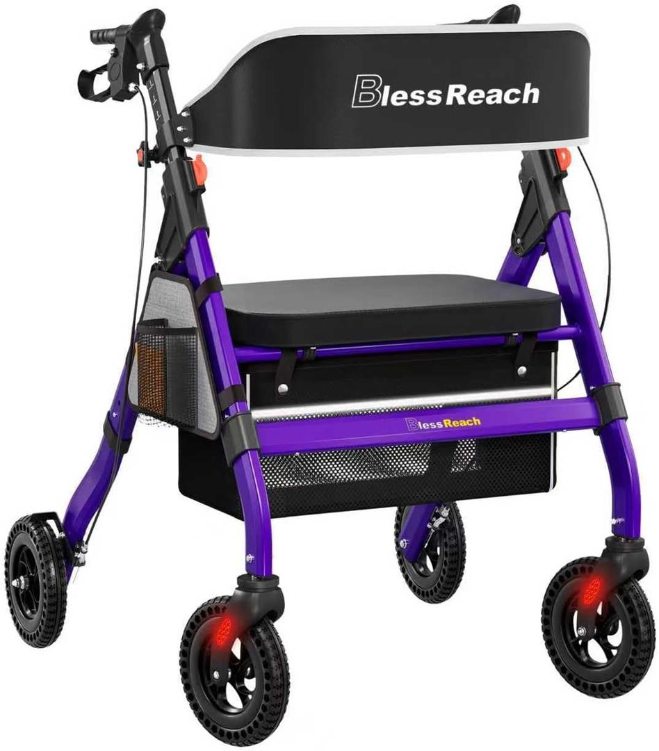 Foldable Rollator Walkers with Seat for Seniors, 450 lb Capacity, 8'' Wheels, 18" Big Seat, 6-Position Adjustable Height, Heavy-Duty Aluminum Rolling Walker (Purple)