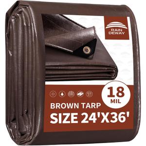 RAINDEWAY Tarp 24x36ft Brown Tarps Heavy Duty Waterproof 18Mil Extra Thick, 24x36 Feet-Finished size