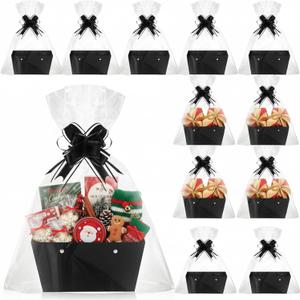 Colarr 12 Pack Baskets for Gifts Empty Bulk Kraft Empty Gift Basket Kit with Handle Wrap Bag Bow DIY Tray to Fill for Thanksgiving Wedding Bridal Shower Christmas Party, 9.8" x 6.5" x 4.3"(Black)