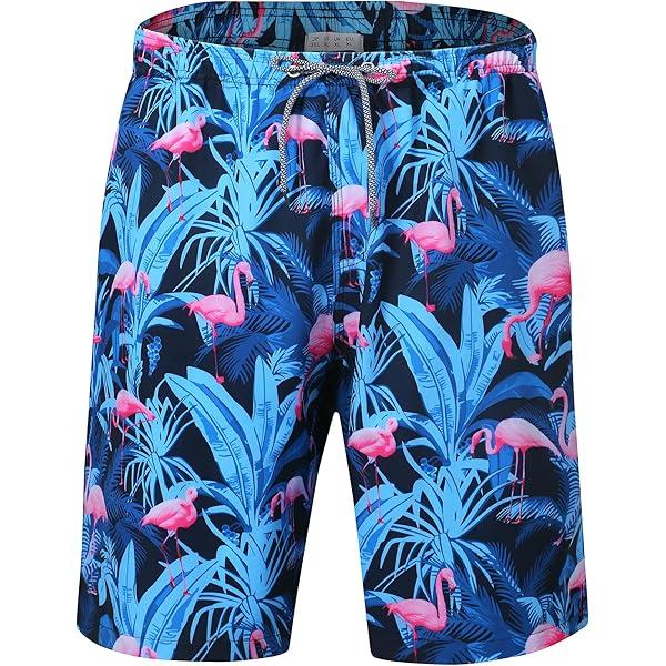 FT FENTENG Mens Swim Trunks Quick Dry Board Shorts with Mesh Lining, Breathable Surf Beach Shorts Swimwear Bathing Suits (XXL, Blue Leaf Flamingo-1) 