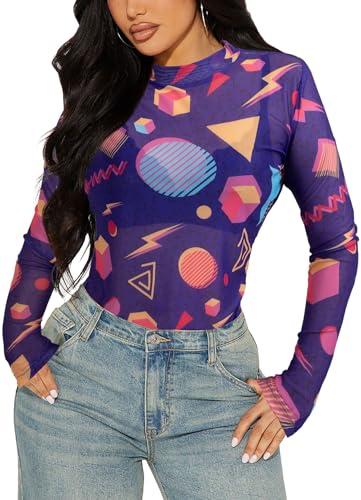 80s 90s Mesh Long Sleeve Shirt Women 90s 80s Themed Party Outfits Retro Sexy Neon Disco See Through Mock Neck Tops, Size M